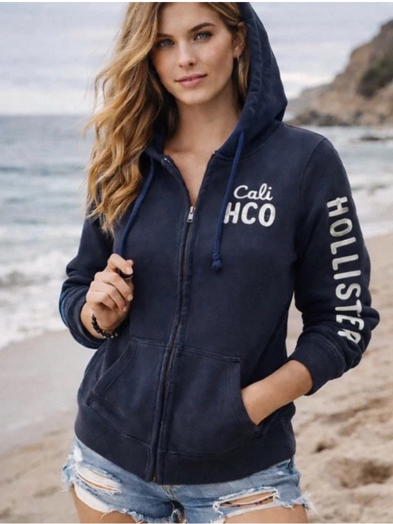 Hollister Y2k Navy Full-Zip Hoodie Cali Hco Embroidered Patch Large